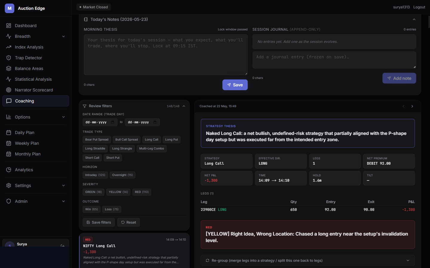 AI Trading Coach — coaching feed and trade-by-trade review